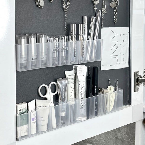 Wall-mounted grid mirror cabinet, no punching, transparent plaster, lipstick storage box, scissors, eyebrow pencil, brush, wall rack.