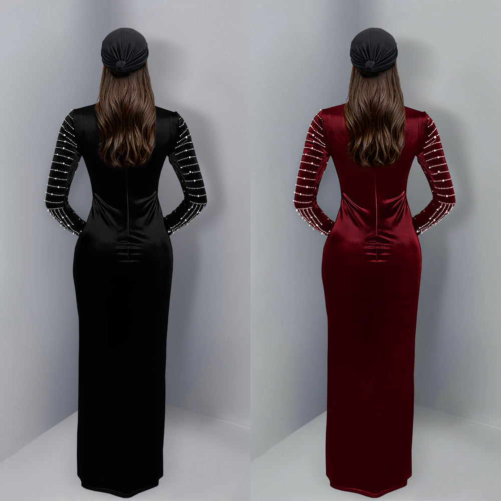 C7617 cross-border   fashion women's elegant velvet rhinestone long sleeve dress