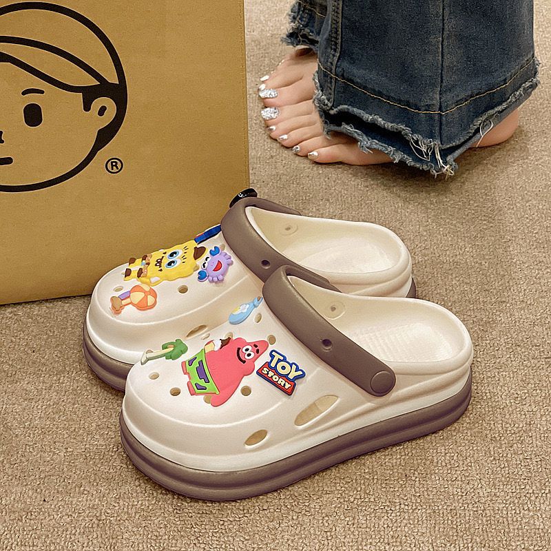 Cartoon cute crocs women's summer student indoor and outdoor wear shit-feeling thick soleheight-increasing non-slip toe cap sandals