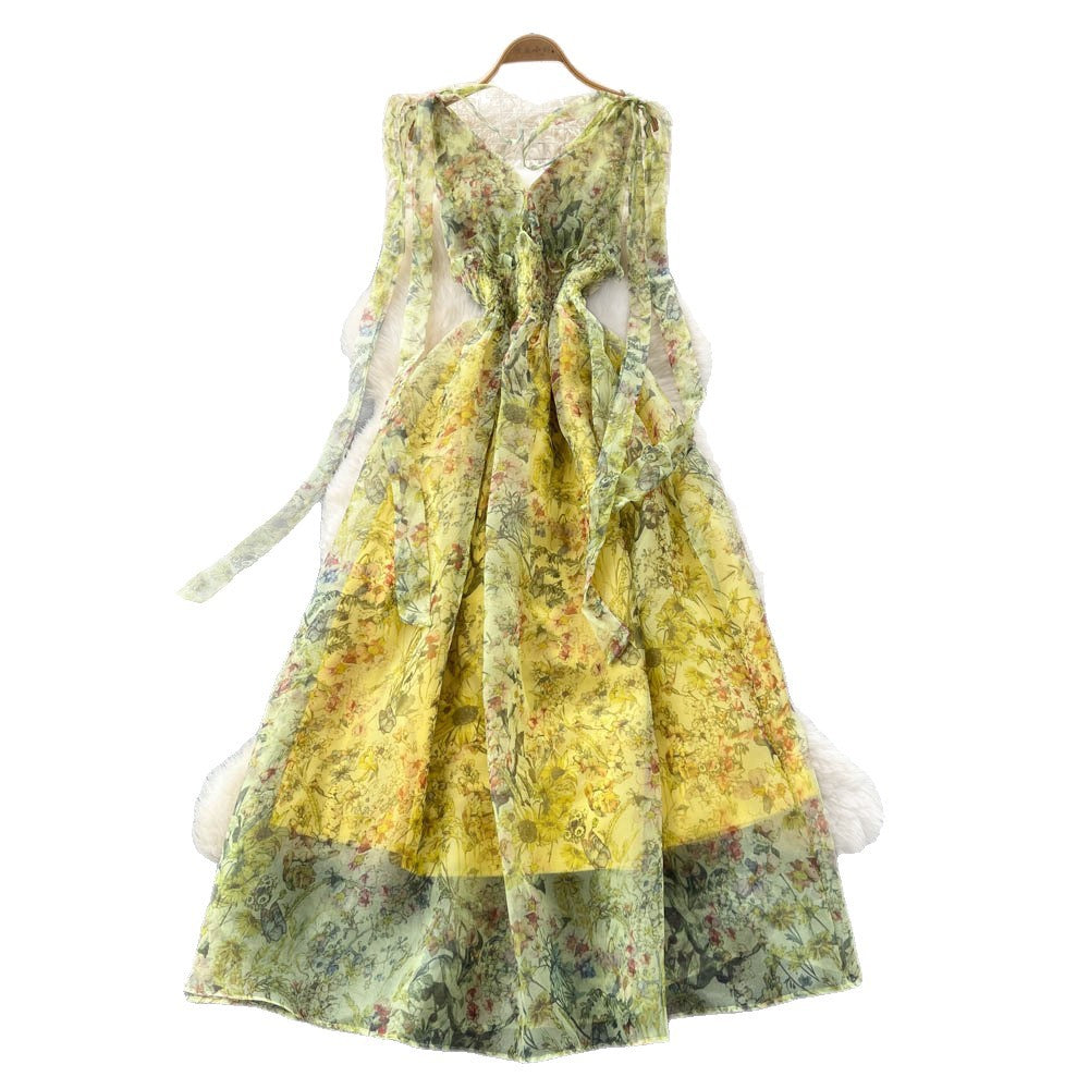 French chic designer bow-tie waist tie-back printed maxi dress - elegant and flattering
