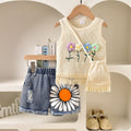 Girls' and boys' floral tassel top, denim shorts, and backpack set