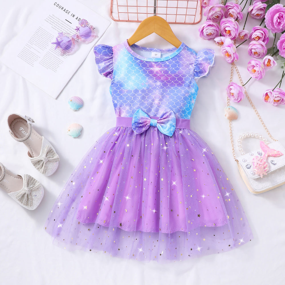 Girls' two-piece outfit: fish scale print flutter sleeve top + mesh skirt set