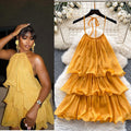 Yellow dress women's  summer french style halter neck ruffle trim tiered vacation mini dress