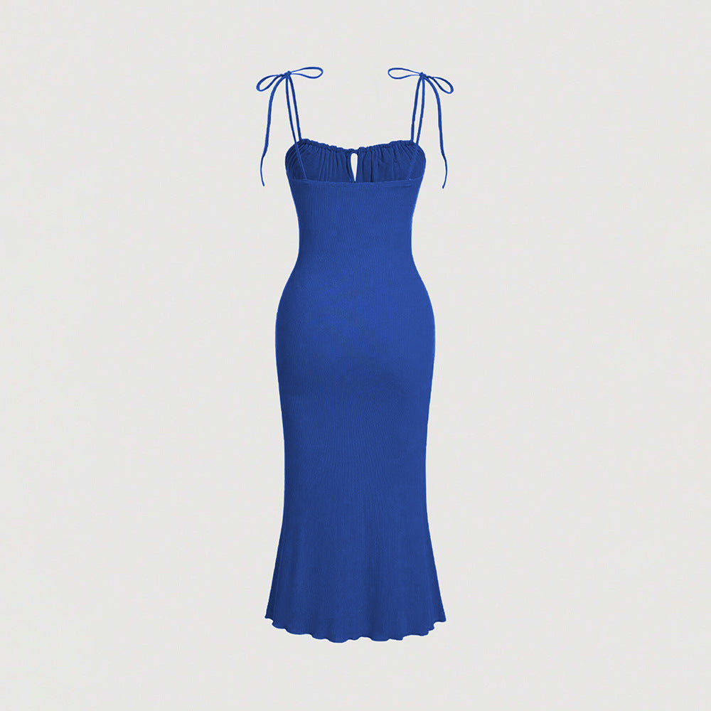 sexy drawstring tie bodycon mermaid maxi dress with spaghetti straps - vacation-ready french style
