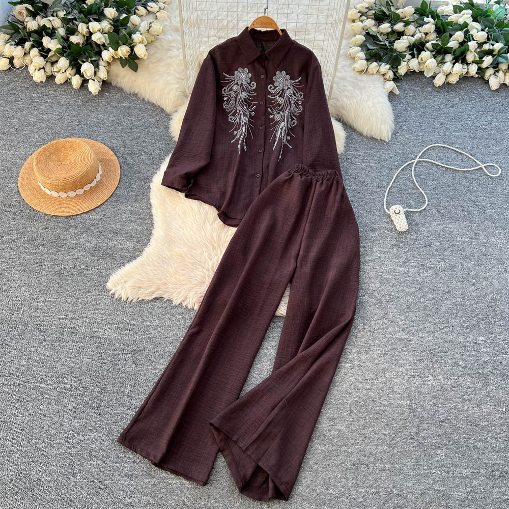 Autumn casual outfit set for women: loose-fit fashion rhinestone long-sleeve single-breasted shirt and high-waisted wide-leg pants set