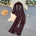 Autumn casual outfit set for women: loose-fit fashion rhinestone long-sleeve single-breasted shirt and high-waisted wide-leg pants set