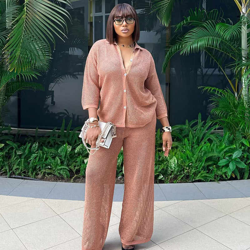 European and American large-size fashion lapel knitted cardigan wide-leg trousers two-piece set African foreign casual suit women's summer