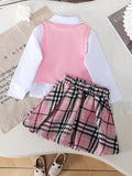 new summer cross-border girls' collared shirt, plaid patchwork skirt three-piece set