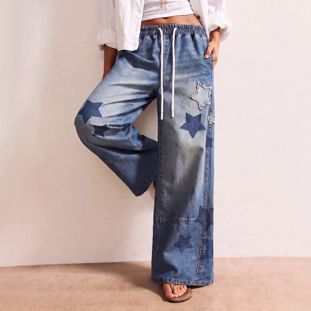 Amazon tiktok pinduoduo foreign trade cross-border fashion women's star patch embroidery drawstring denim wide-leg pants
