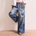 Amazon tiktok pinduoduo foreign trade cross-border fashion women's star patch embroidery drawstring denim wide-leg pants