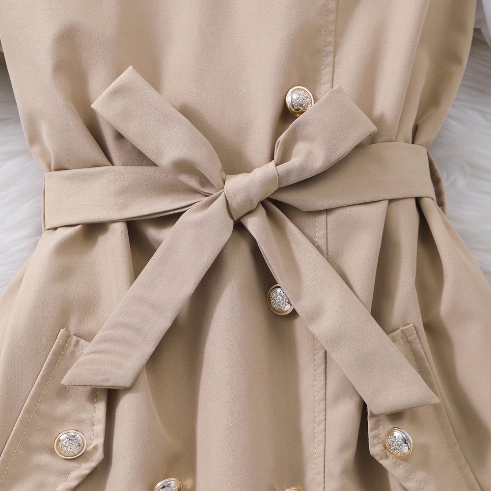 Big kids' (girls') dress, double-breasted suspender dress, short-sleeve faux two-piece dress