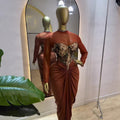 European and american cross-border women's fashion  summer new arrival: elegant round neck long sleeve t-shirt, vest, and ruched midi skirt three-piece set