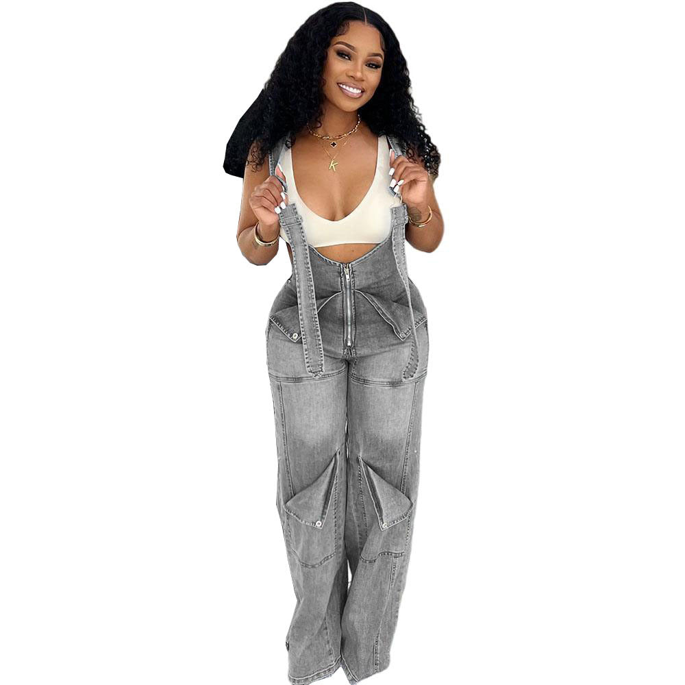 European and american style women's denim overalls -  cross-border women's summer streetwear casual zipper washed jumpsuit