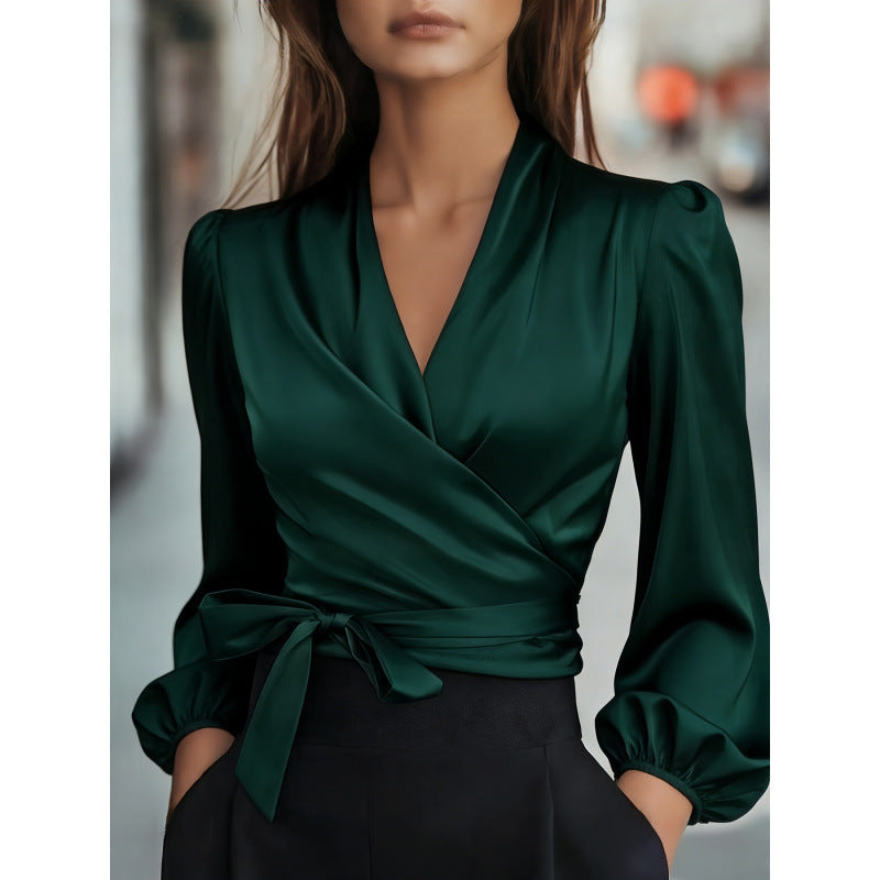 European and american independent store new v-neck elegant satin tie-waist top for women