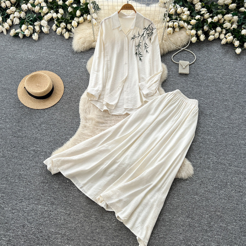 Gentle and lazy style stereo flower embroiderlong sleevesshirt suspender skirttwo-piece setfemaleautumslimming lookelegant