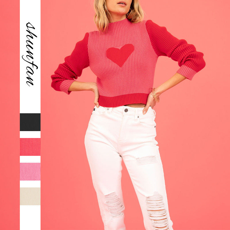Cross-border European and American women's clothing  Valentine's Day 2025 hot sale autumn and winter turtleneck color matching love peach slim sweater