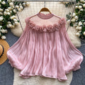 Korean style commute-friendly, skin-friendly, breathable ruffle hem blouse - women's summer long sleeve mesh oversized pink girly top