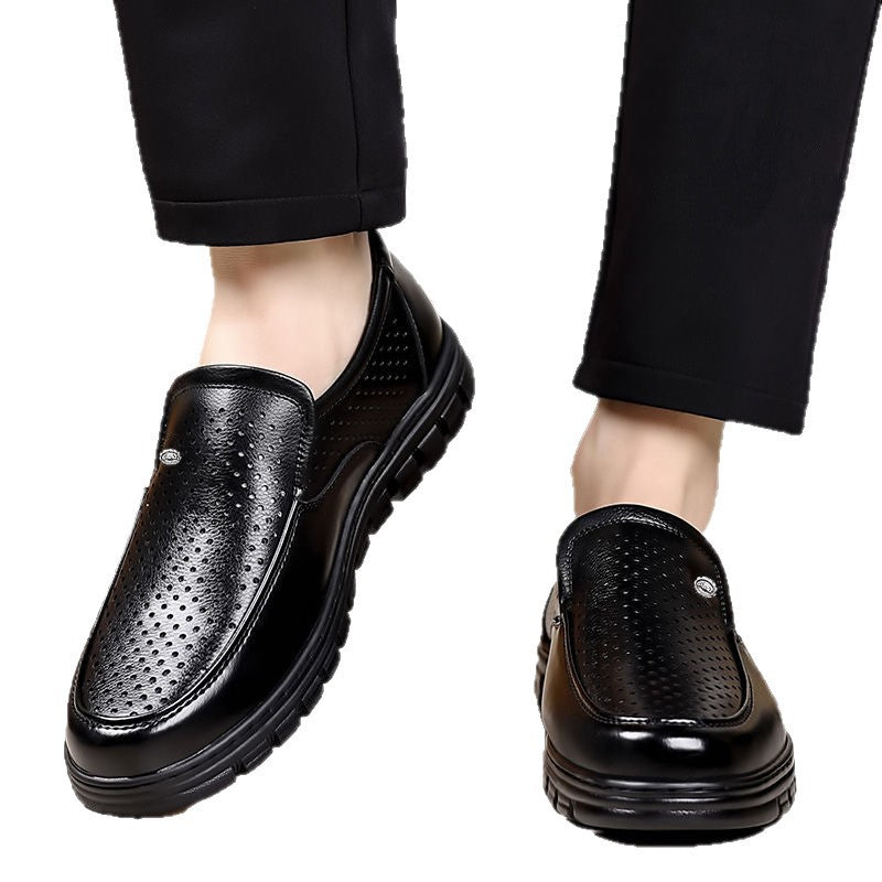 Men's summer hollow-out breathable leather shoes, soft leather sandals, casual soft sole anti-slip elderly shoes