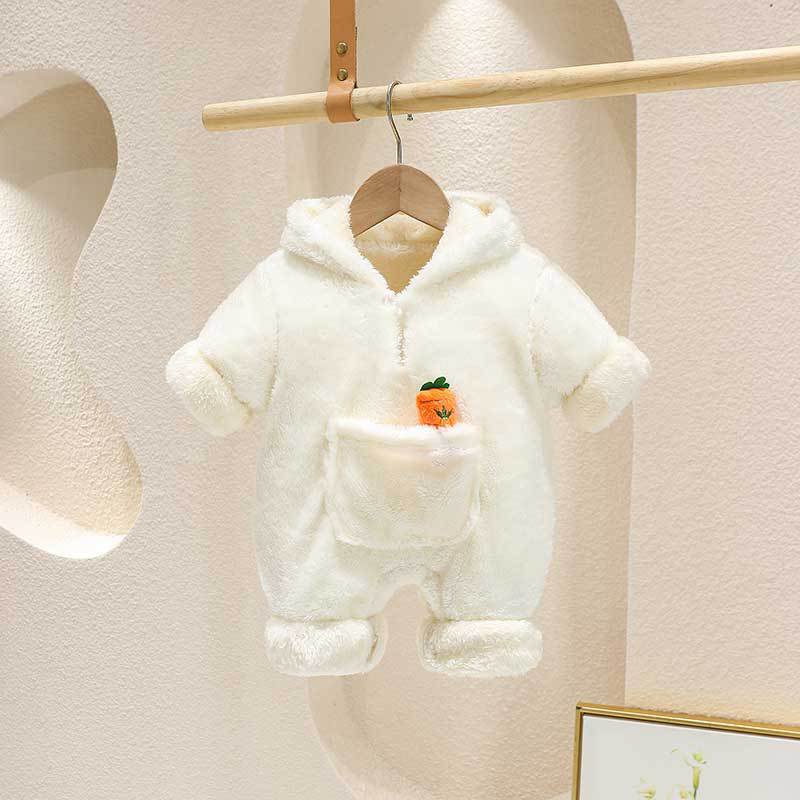 Autumn winter baby super cute k-stylefleece-lined hooded outing clothes newborn style flannel home crawling clothes