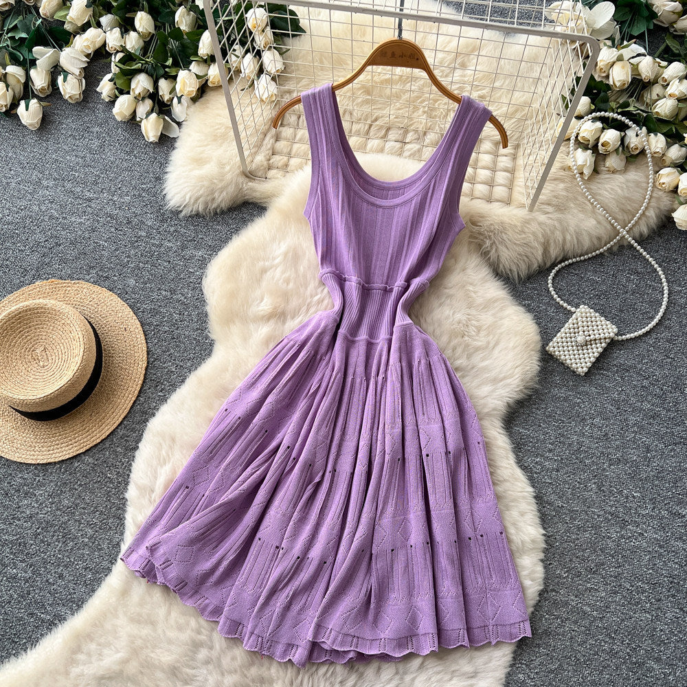Pure desire style u neck sleeveless knittingcut outdress women's summer k-style purple waist slimming look a-line skirt petites