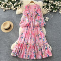 French retro v-neck lantern sleeve printed dress - women's  autumn collection - cinched waist, elegant ruffle hem maxi dress