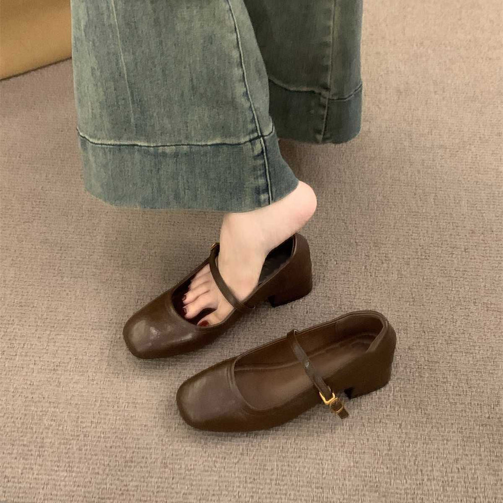Elegant fairy chunky heel mary jane leather shoes, french retro square toe low-cut flats, 2025 autumn collection, mid-heel evening style
