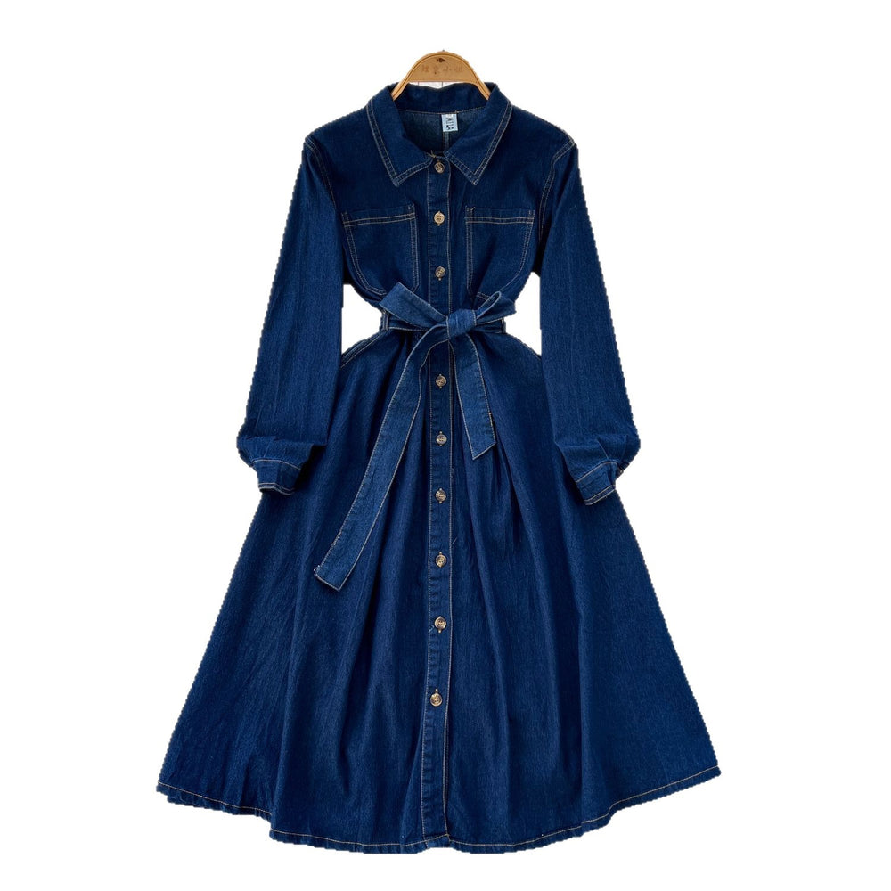 Exportretrofashion lapel long sleeves denim dress women's tie back waist single breasted a-line knee length skirt dress