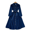 Exportretrofashion lapel long sleeves denim dress women's tie back waist single breasted a-line knee length skirt dress