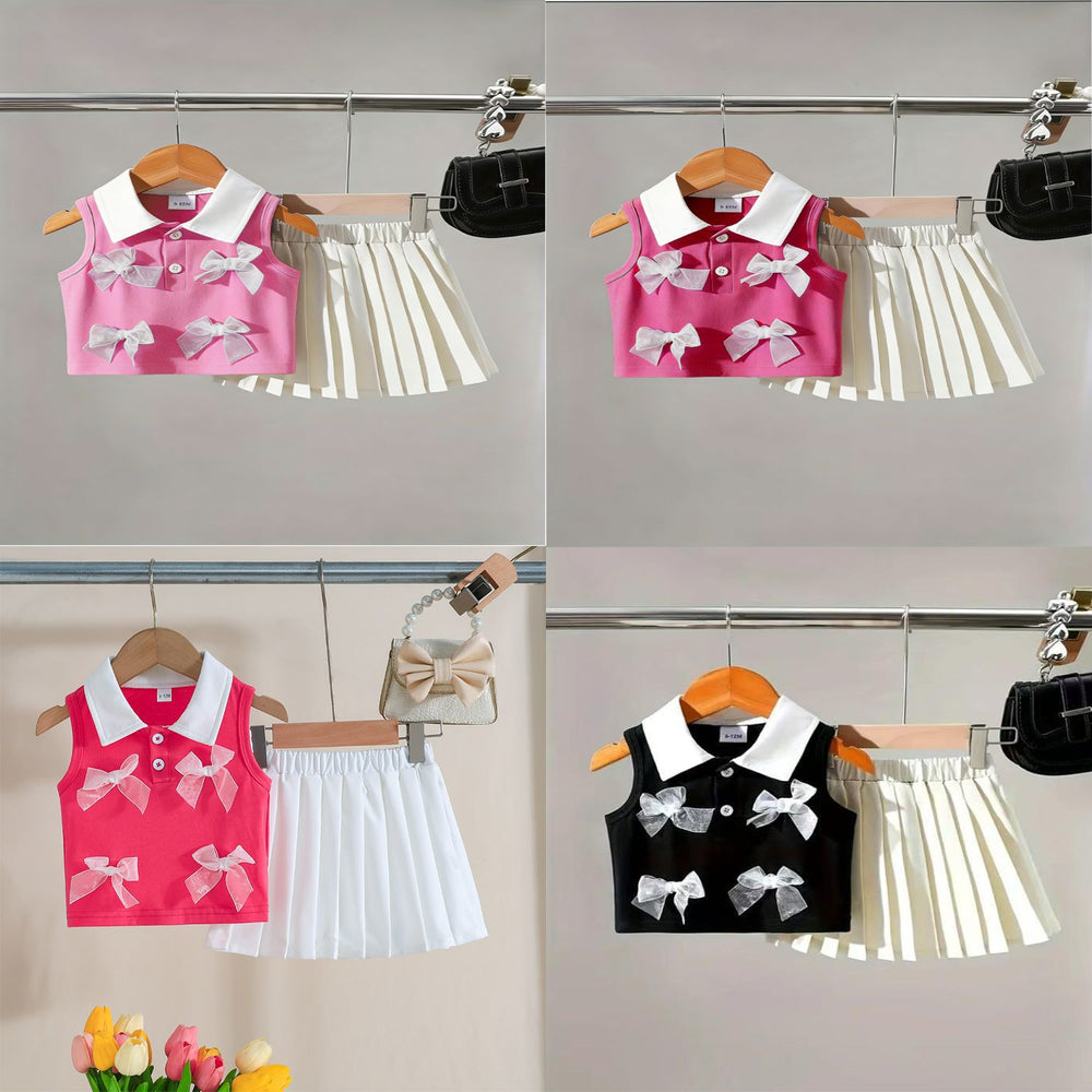 cross-border hot seller: girls' color block polo tank top and pleated skirt set with 3d bow two-piece outfit