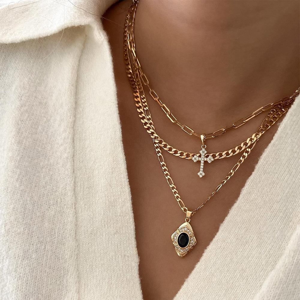 New arrivalfashionstylishniche style blue gemstone square pendant necklace retro multi-layered cross clavicle chain accessories