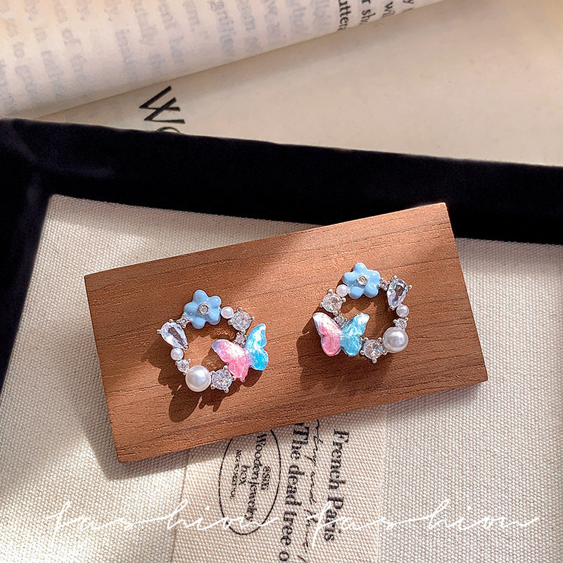 Sweet gradient butterfly flower stud earrings - women's high-end, light luxury design, elegant, fresh, and gentle style earrings