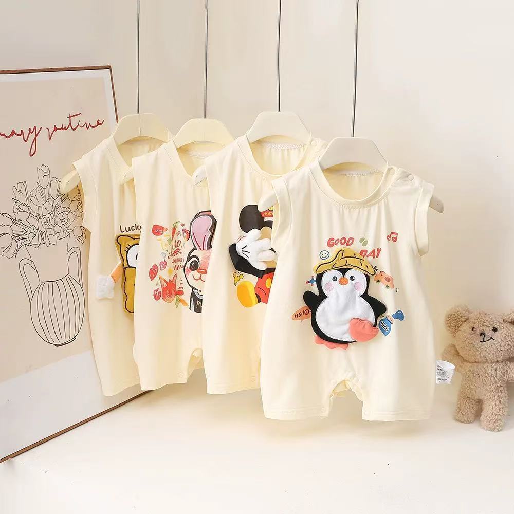 Summer cartoon cute infant rompers, sleeveless baby bodysuits, unisex baby crawling suits, and outdoor wear