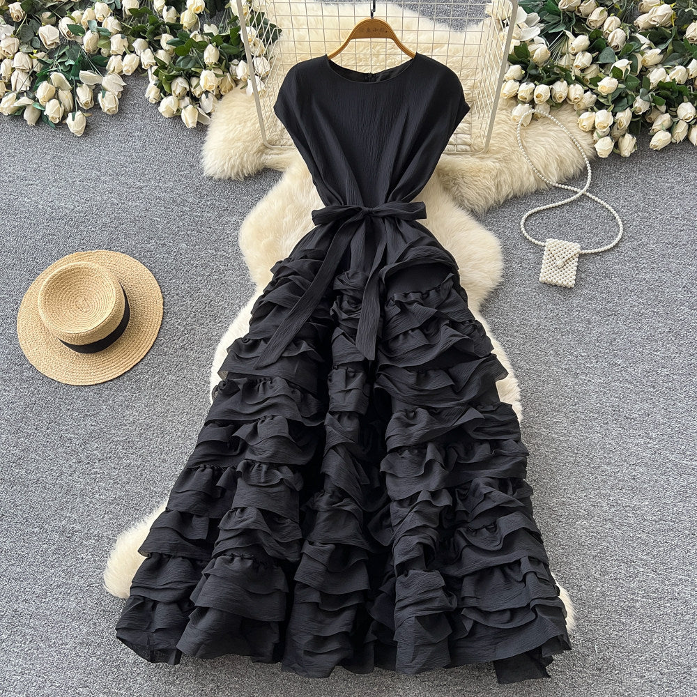 spring/summer new arrival: elegant solid color round neck sleeveless dress - loose fit, tie-waist, multi-layered ruffle maxi dress