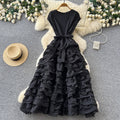 spring/summer new arrival: elegant solid color round neck sleeveless dress - loose fit, tie-waist, multi-layered ruffle maxi dress