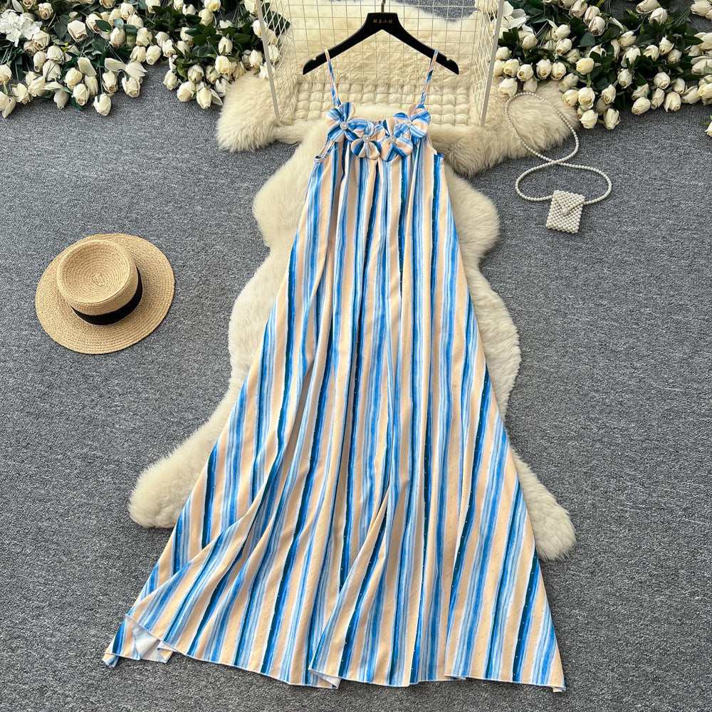 K-stylestripes suspender small diamond flower dress women's summerhigh waista word easiest for match long skirtwork clothing outfit skirt