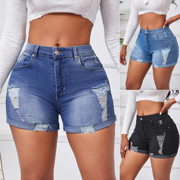6681 #Cross-border European and American new sexy high-waisted ripped high-elastic jeans women's denim shorts plus size hot