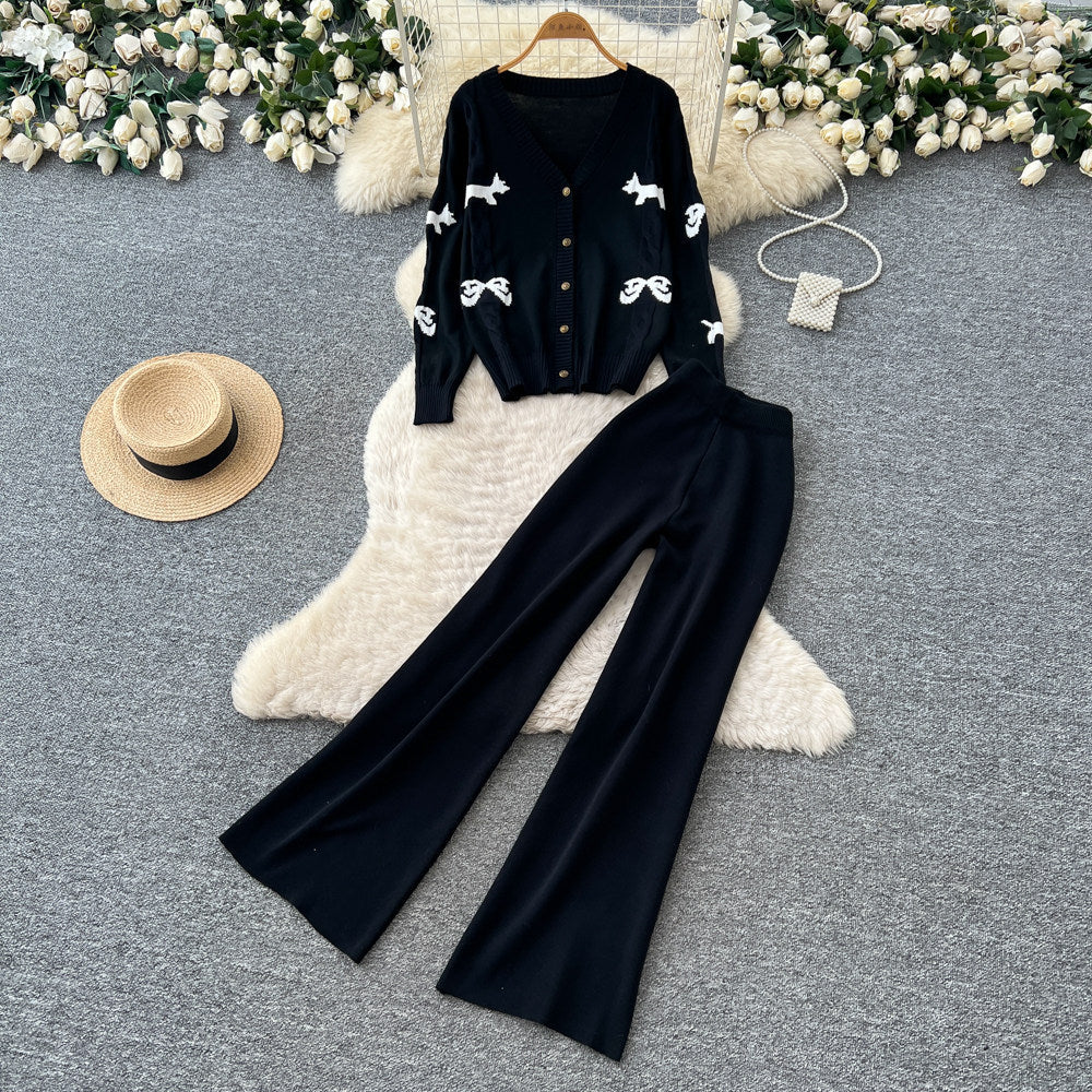 Fashionexportv necksweetcardigantopsloose pantsknittingtwo-piece setfemalefall and winter silmelegantsuit