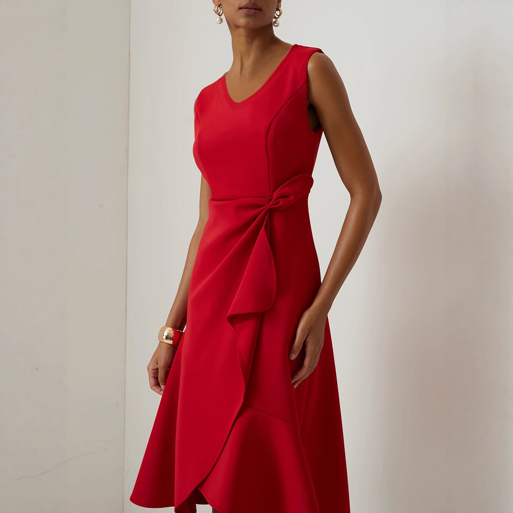 fashion elegant boat neck ruffle hem solid color midi dress - spring/summer dress