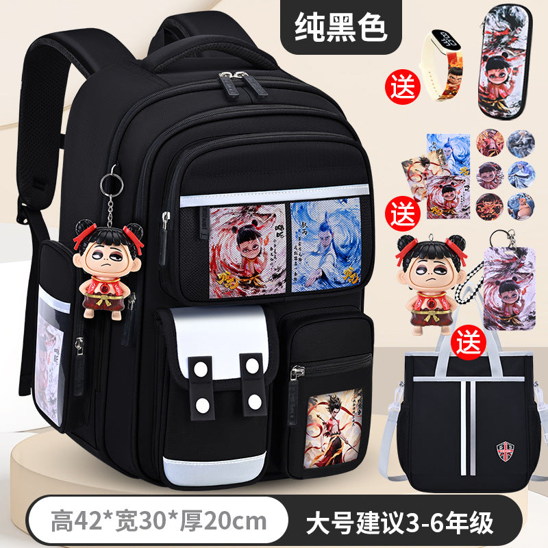 New nezha backpack for boys and girls, grades 1-6: spine protection, lightweight design, and extra-large capacity