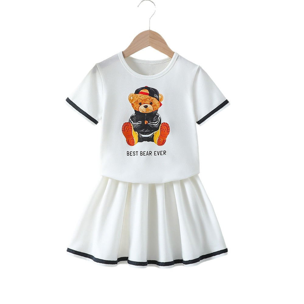 girls' two-piece look dress - bear print white short sleeve with pleated skirt - summer casual kids' dress