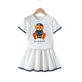 girls' two-piece look dress - bear print white short sleeve with pleated skirt - summer casual kids' dress