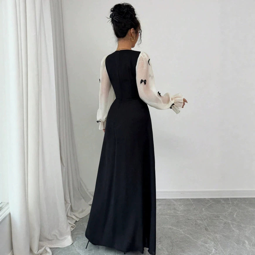 European and american cross-border  french color block bowknot fairy maxi dress - solid black body with high-waisted paneling