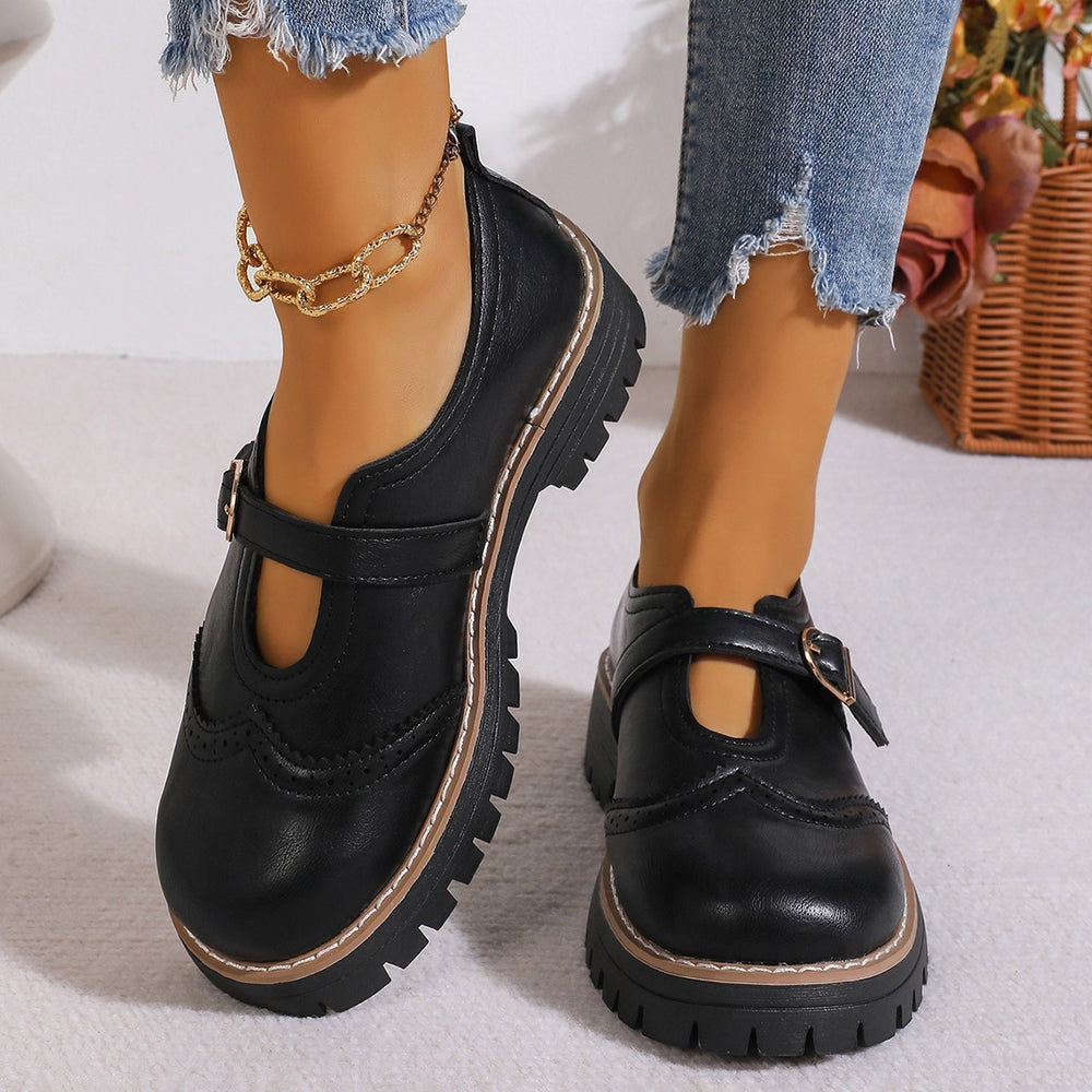 Exportplus size british style thick sole loafers for women  new belt buckle carved cut out small leather shoes wholesale