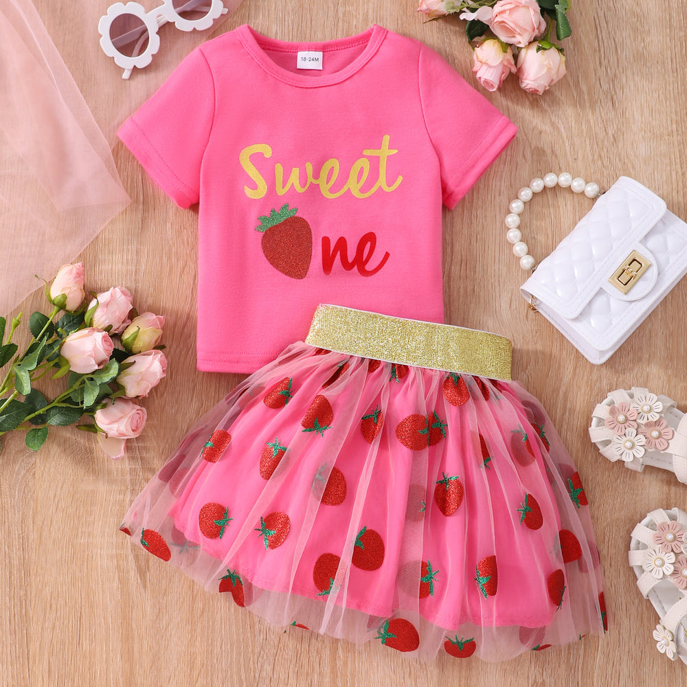 Kids' short-sleeve rainbow stripe top and strawberry mesh skirt set