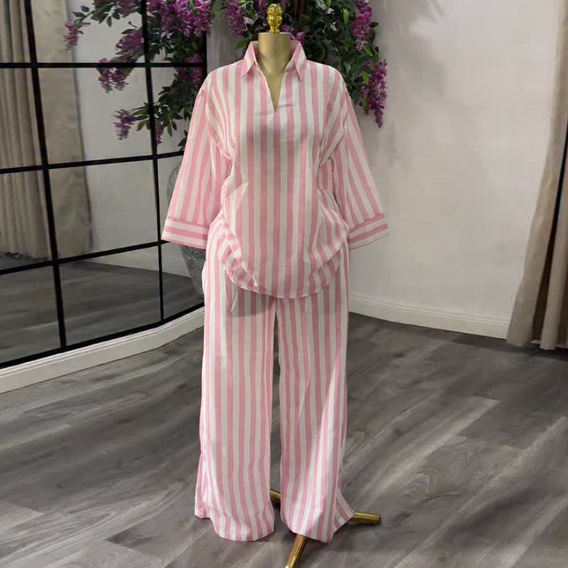 European and american cross-border women's fashion:  summer new arrival - stylish turn-down collar, loose fit pink striped shirt and wide-leg pants set