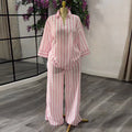 European and american cross-border women's fashion:  summer new arrival - stylish turn-down collar, loose fit pink striped shirt and wide-leg pants set
