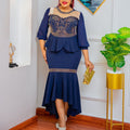 new african cross-border fashion: mesh panel solid color rhinestone two-piece set