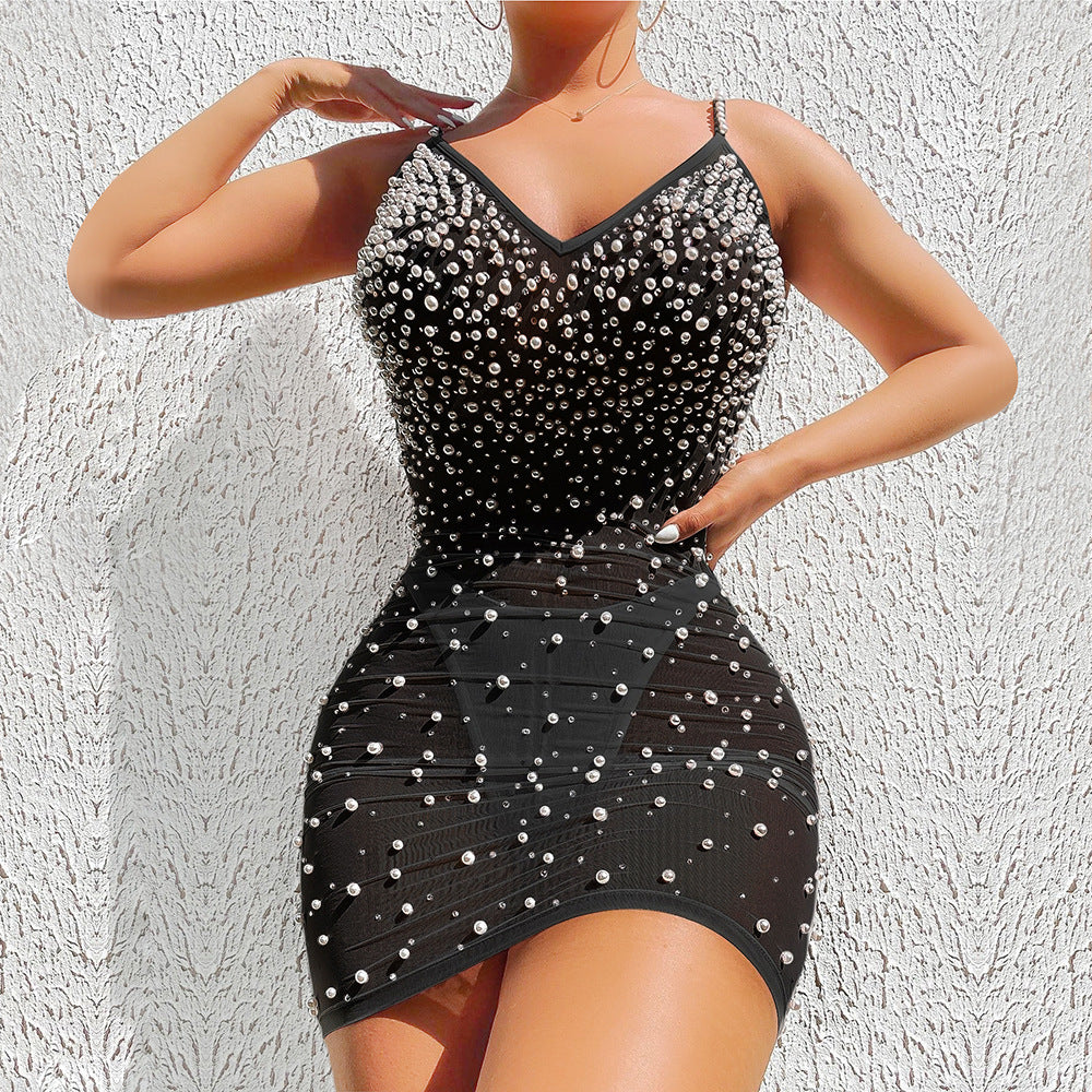 S390355 Cross-border  eBay Women's Elegant Sexy Mesh Perspective Backless Suspender Bead Dress