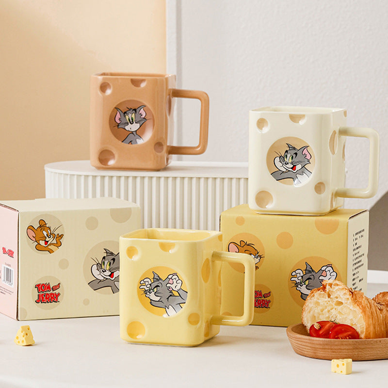Cat and Mouse Square Cheese Mug with Lid and Spoon Gift Box Household Ceramic Mug Coffee Mug Birthday Gift