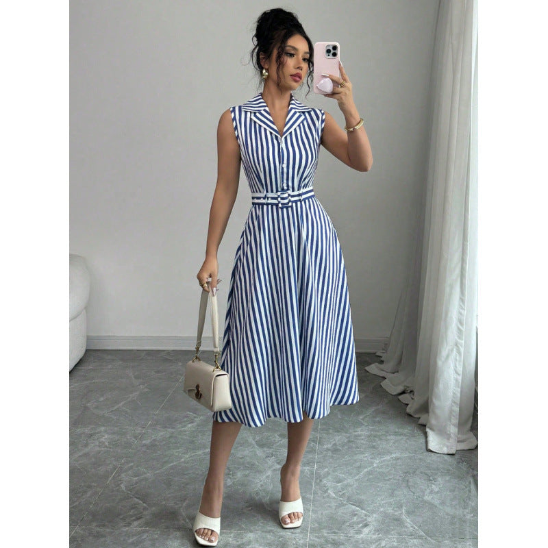 european and american cross-border hot-selling striped waist-defining maxi dress - elegant, slimming, sleeveless a-line dress with belt